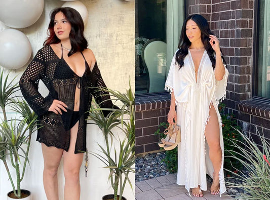 There is a woman in a black bikini and crochet black cover up with a tie in the middle with plants around her. The image on the right shows a woman in a floor length white swim cover up with tassels and a deep v neckline holding her heels and outside.