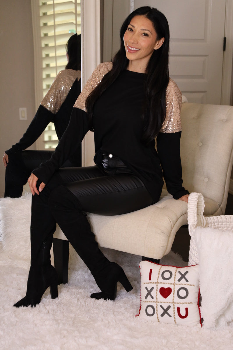 Glam Sequin Shoulder Long Sleeve Top - Black