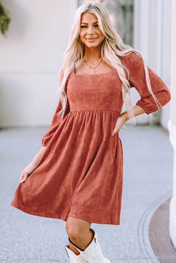 Zaine Suede Square Neck Puff Sleeve Dress