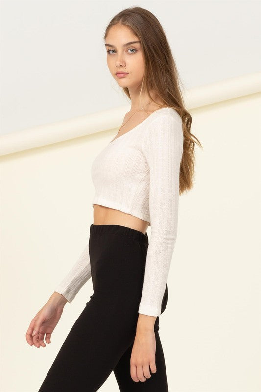 Only Time Will Tell Scoop Neck Long Sleeve Crop Top